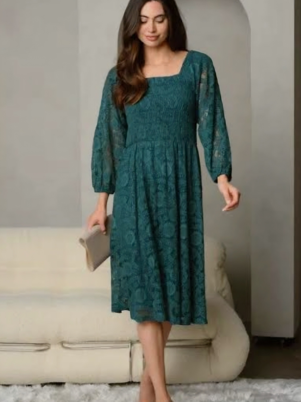 Feminine Pologram Deep Teal Lined Lace Midi Dress with Smocked Bodice, Medium